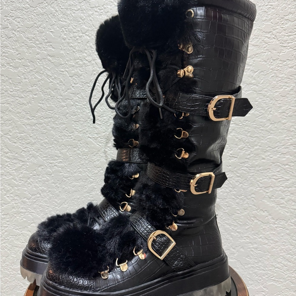 AKIRA Black Lace Up Boots with Rugged Sole